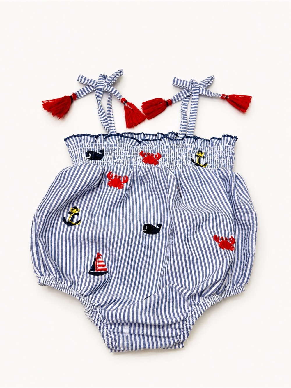 Mud Pie Blue White Striped Nautical Embroidered Baby Romper with Red Tassels